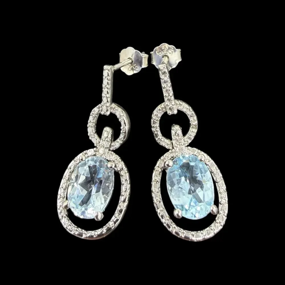 2.83ct Blue Topaz Diamond Dangle Earrings 925 Sterling Silver - NEW